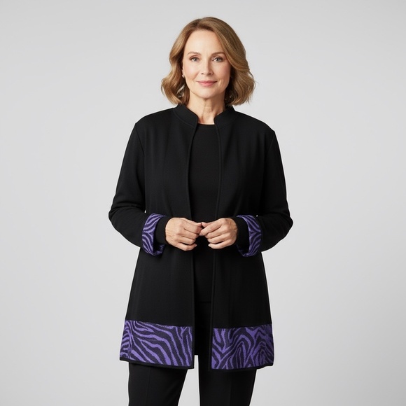 MING WANG Black Purple Knit Cardigan Zebra Knitwear Longline Career Size 2X - Picture 1 of 12